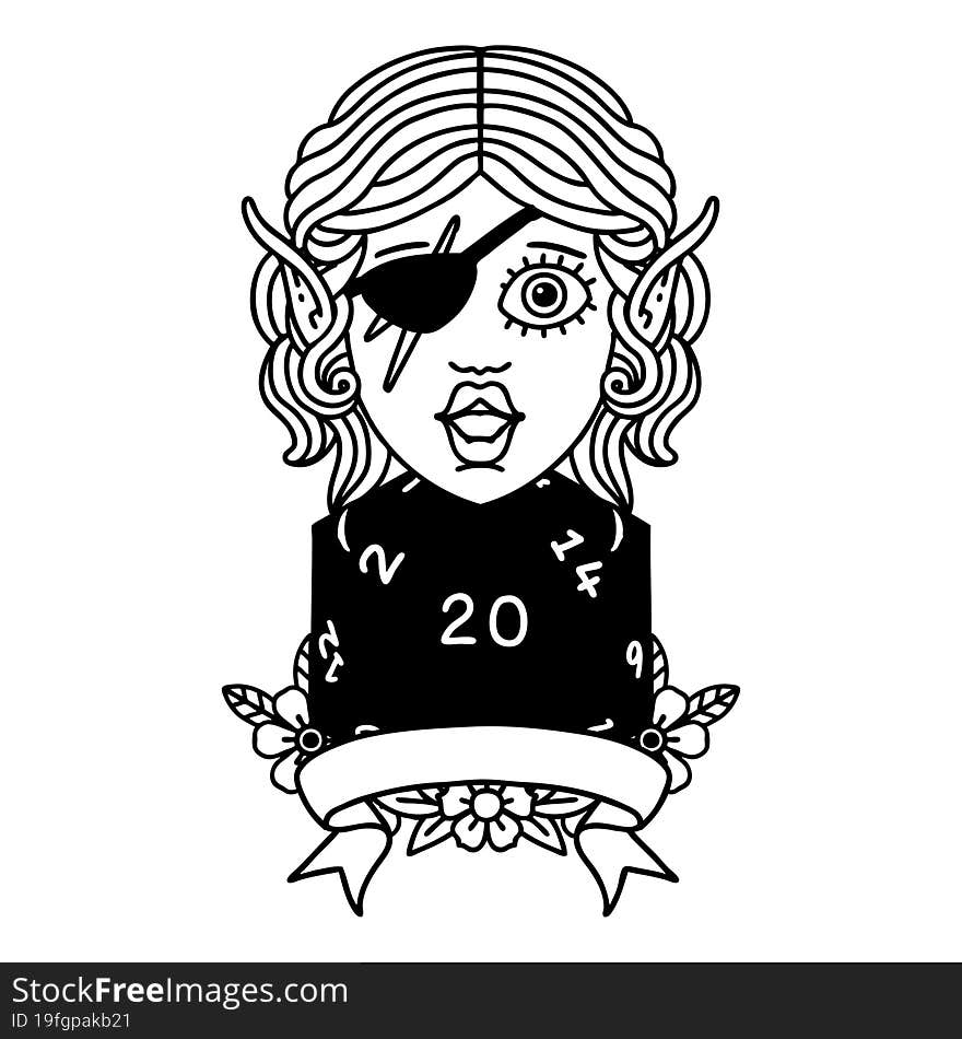 Black and White Tattoo linework Style elf rogue character with natural twenty dice roll. Black and White Tattoo linework Style elf rogue character with natural twenty dice roll