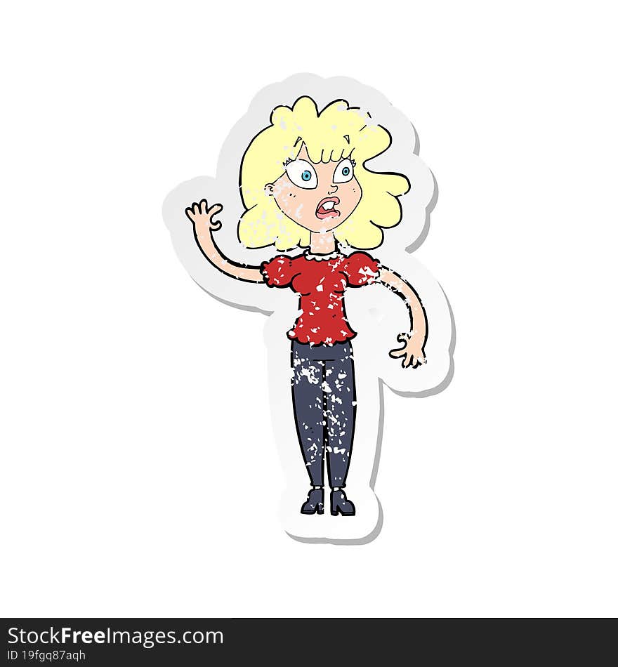 retro distressed sticker of a cartoon worried woman waving