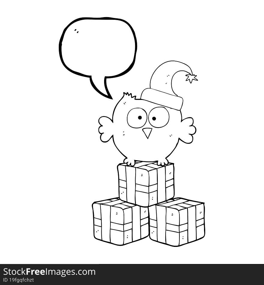 Speech Bubble Cartoon Little Owl Wearing Christmas Hat