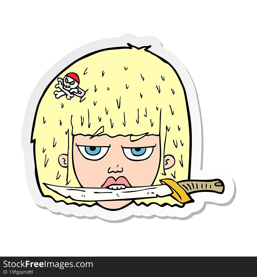 sticker of a cartoon woman holding knife between teeth