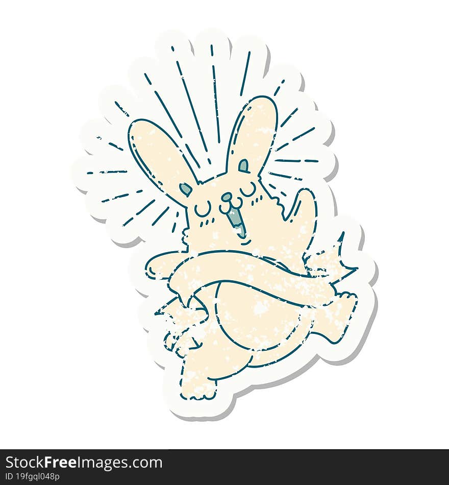 grunge sticker of tattoo style prancing rabbit