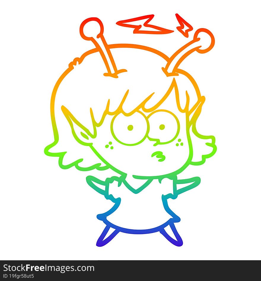 rainbow gradient line drawing of a cartoon alien girl