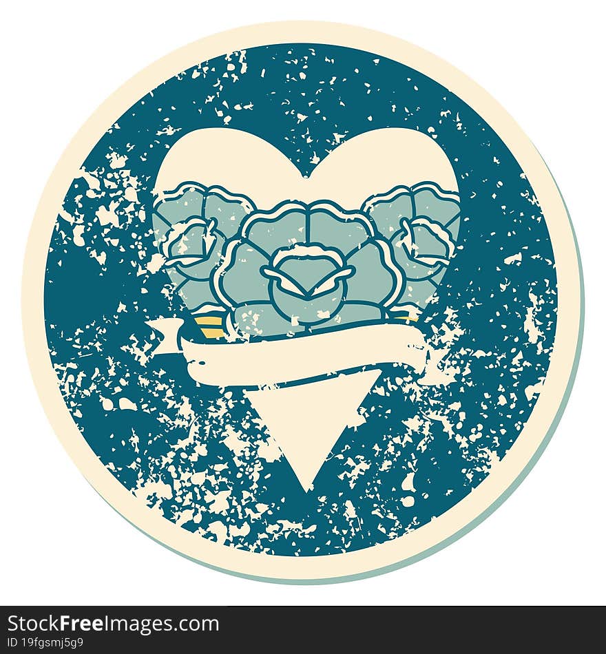 iconic distressed sticker tattoo style image of a heart and banner with flowers. iconic distressed sticker tattoo style image of a heart and banner with flowers