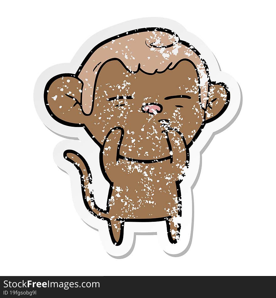 distressed sticker of a cartoon suspicious monkey