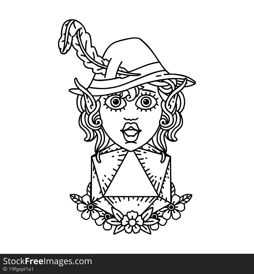 Black and White Tattoo linework Style elf bard character with natural twenty dice roll. Black and White Tattoo linework Style elf bard character with natural twenty dice roll