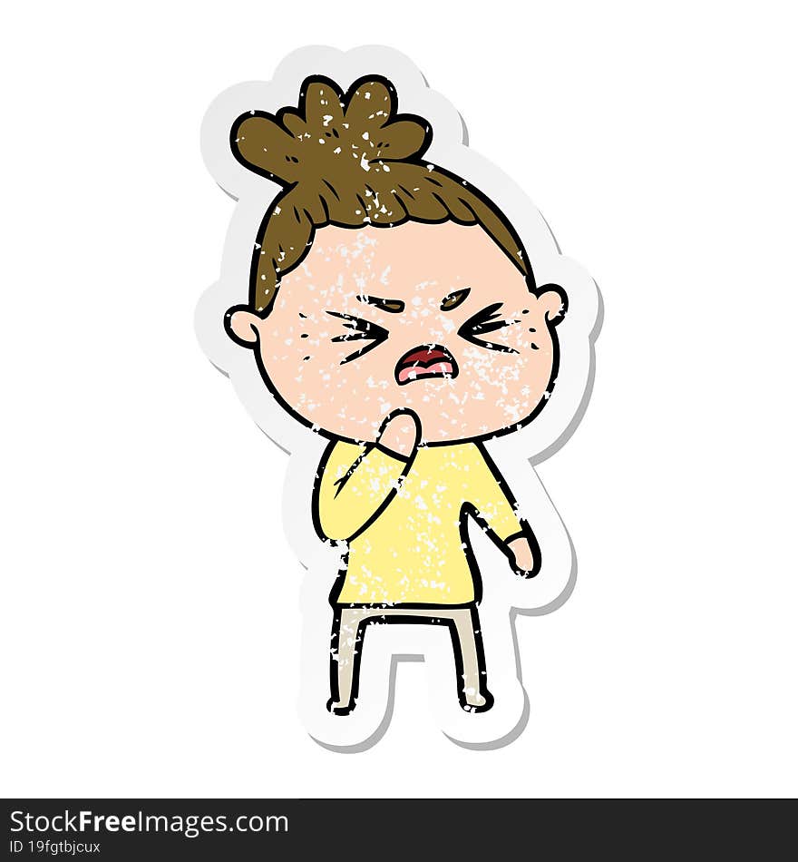 distressed sticker of a cartoon angry woman