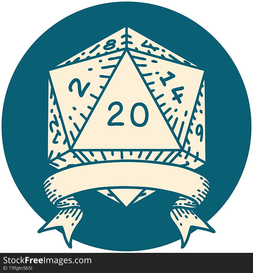 Retro Tattoo Style natural 20 critical hit D20 dice roll. Retro Tattoo Style natural 20 critical hit D20 dice roll