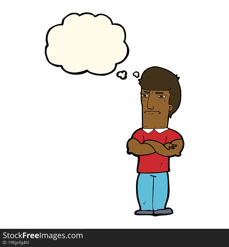 cartoon annoyed man with folded arms with thought bubble