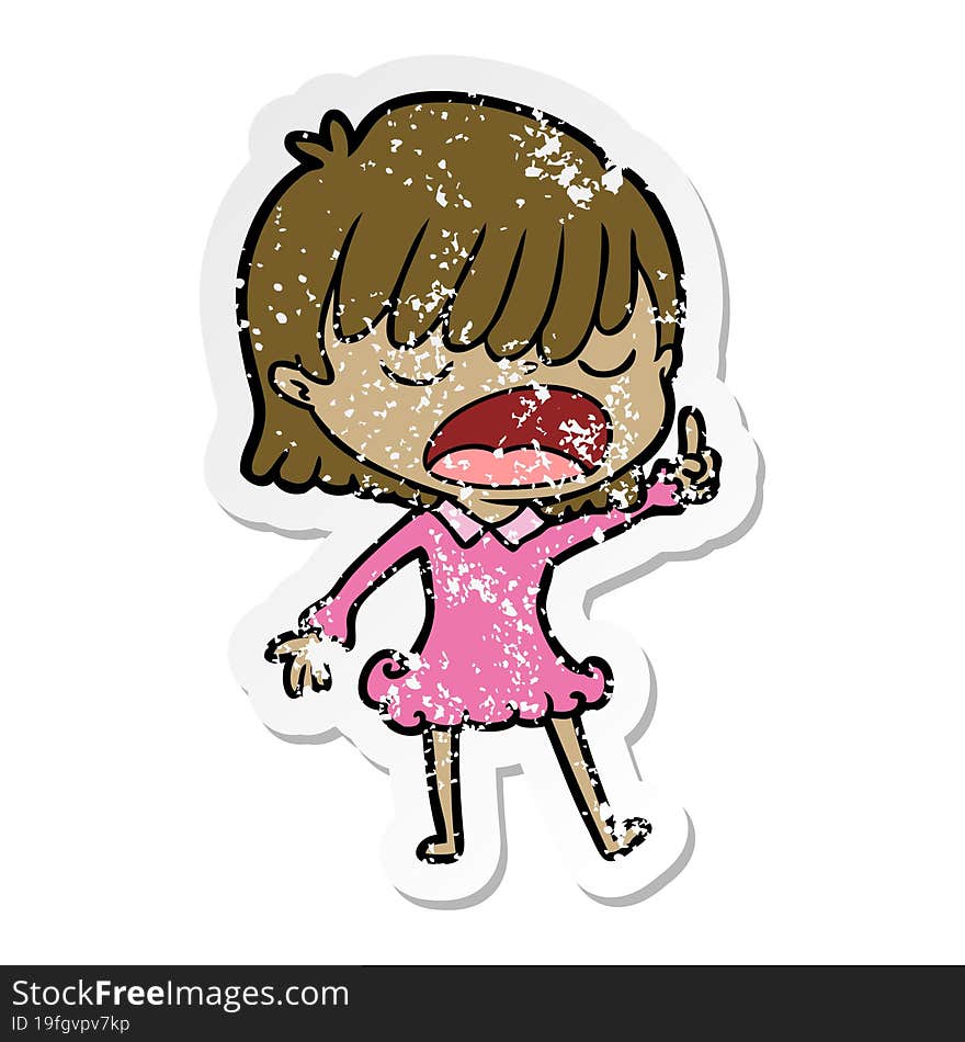 Distressed Sticker Of A Cartoon Woman Talking Loudly