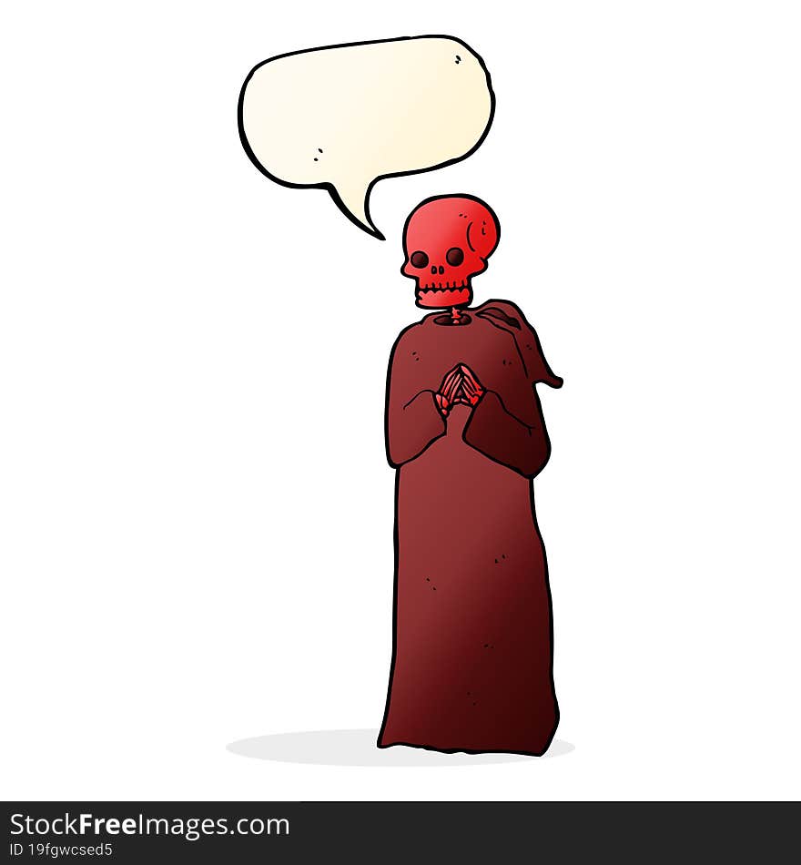 cartoon spooky skeleton in robe with speech bubble