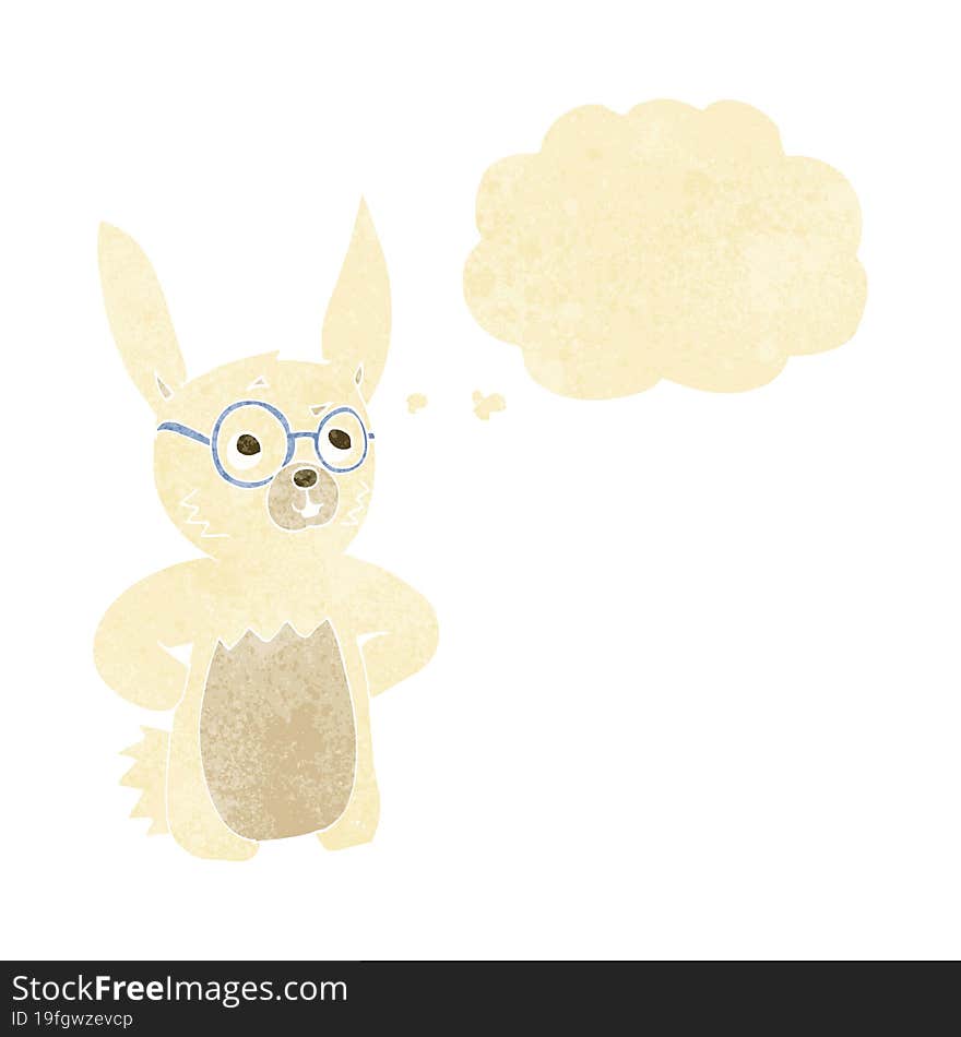 cartoon rabbit wearing spectacles with thought bubble