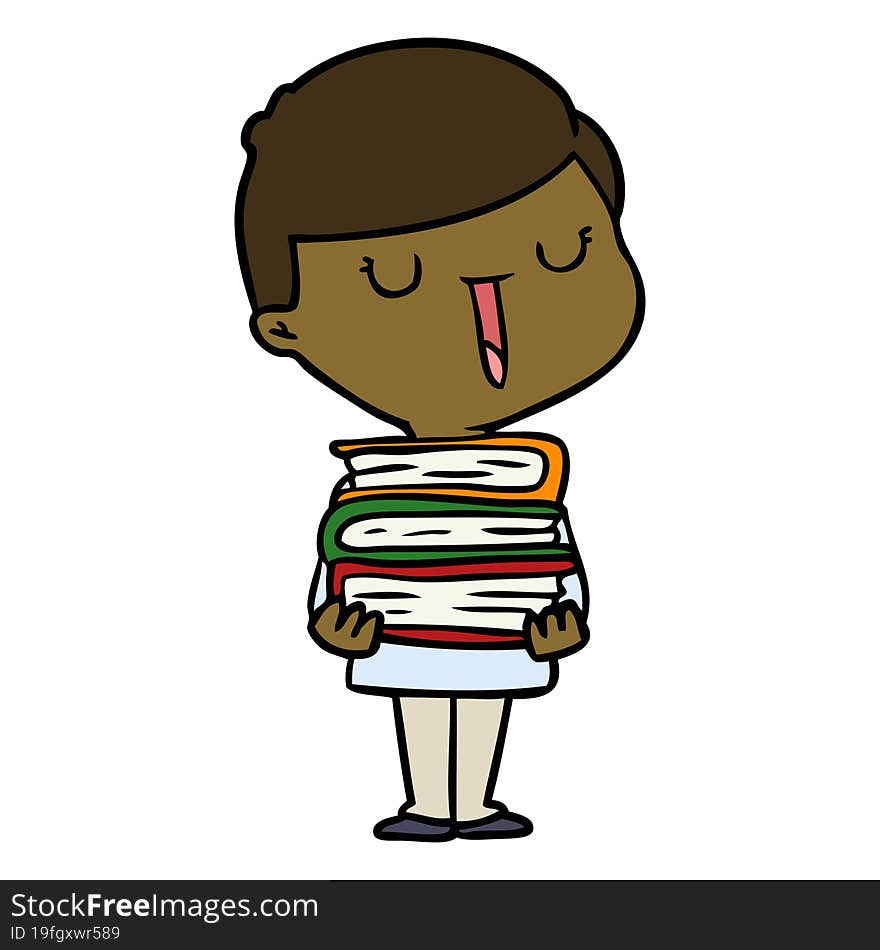 cartoon happy boy with stack of books. cartoon happy boy with stack of books