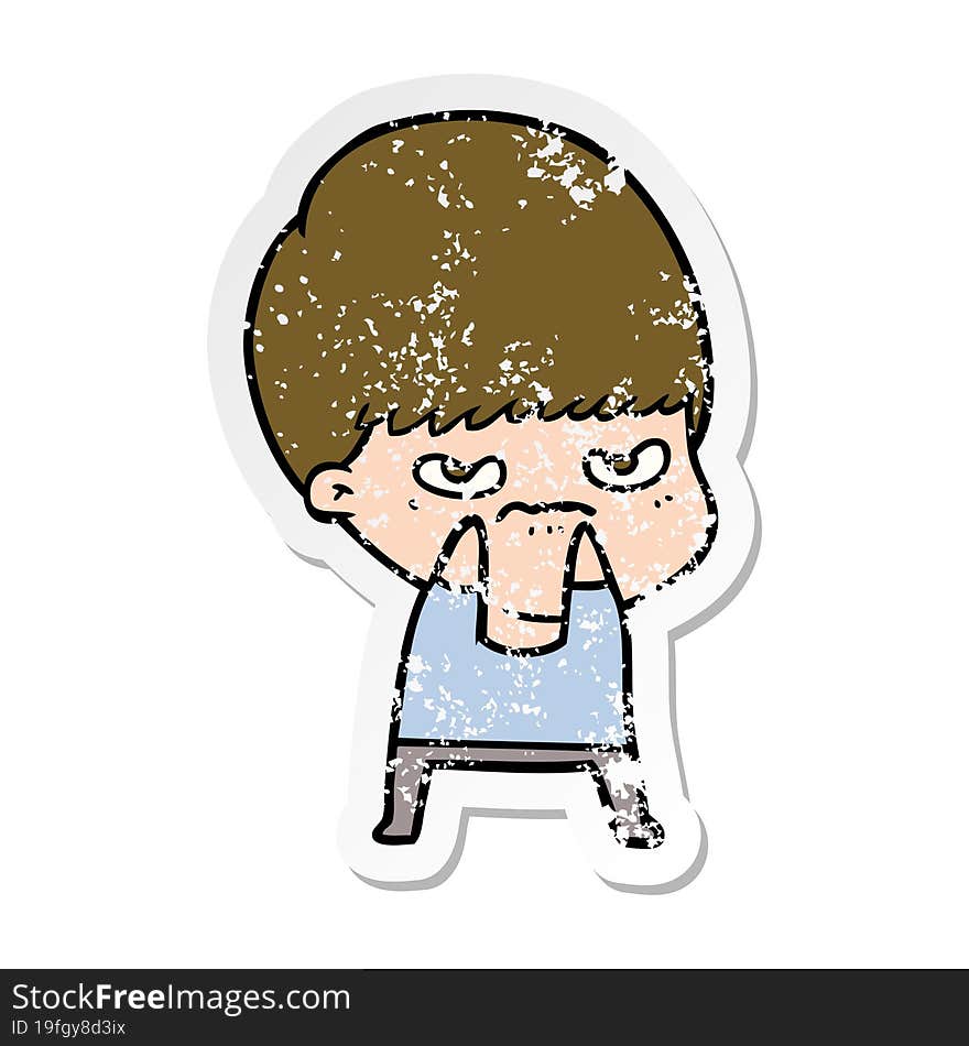 distressed sticker of a annoyed cartoon boy