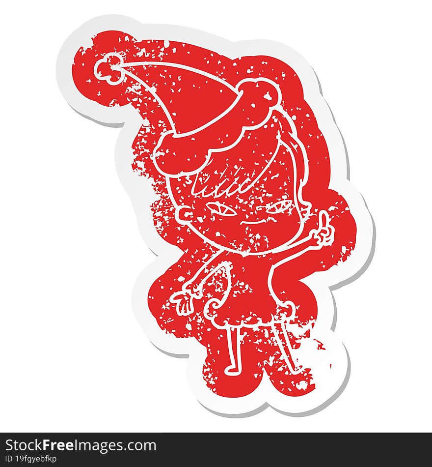 cute quirky cartoon distressed sticker of a girl with hipster haircut wearing santa hat