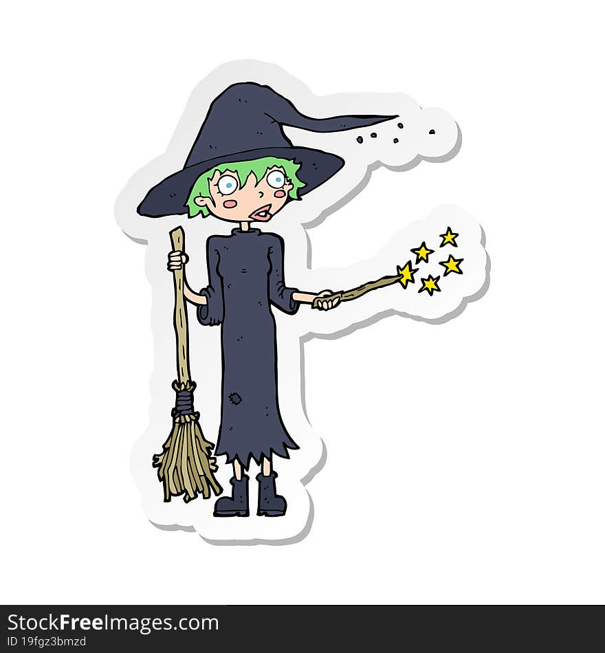 sticker of a cartoon witch casting spell