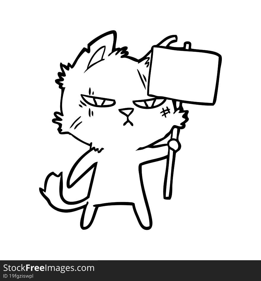 tough cartoon cat with protest sign. tough cartoon cat with protest sign