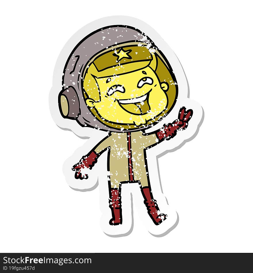 distressed sticker of a cartoon laughing astronaut