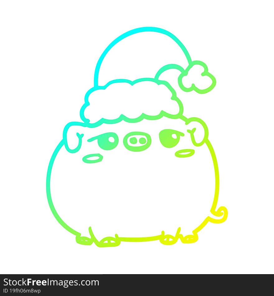 Cold Gradient Line Drawing Cartoon Pig Wearing Christmas Hat