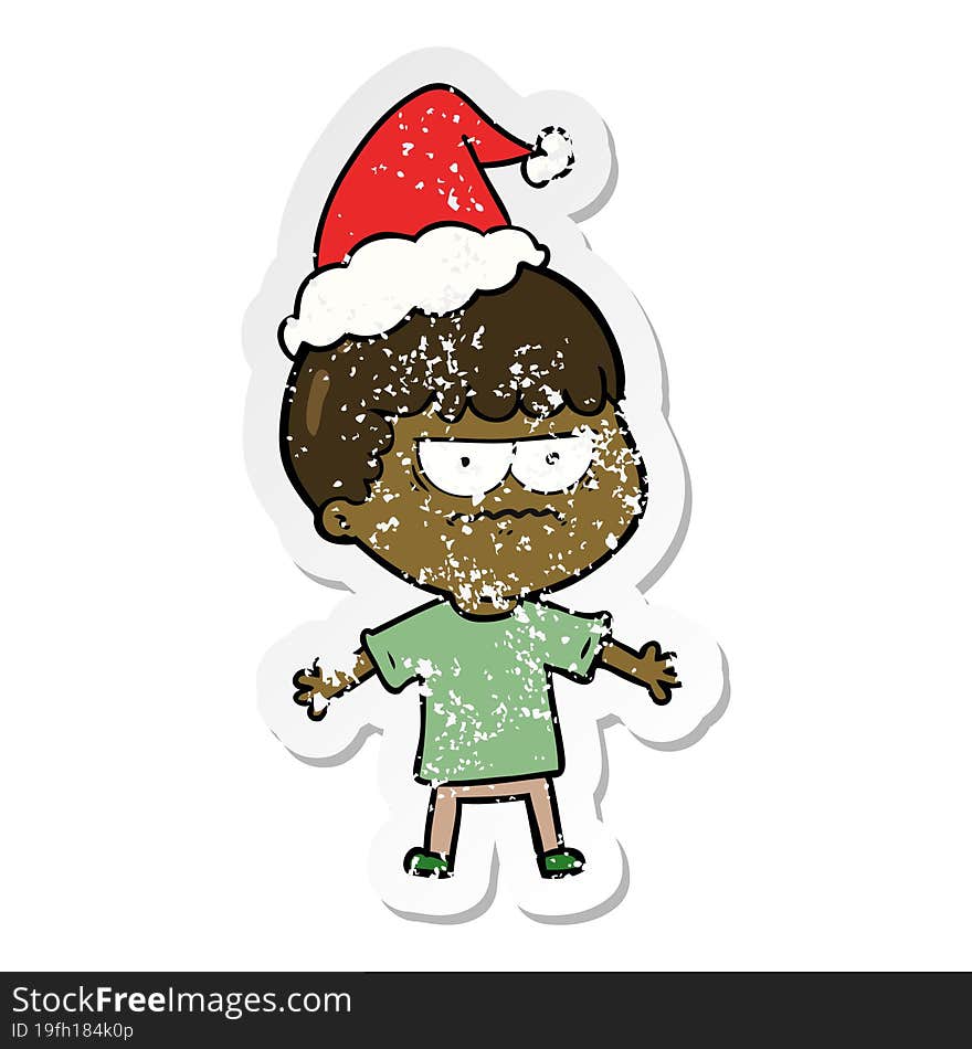 distressed sticker cartoon of a angry man wearing santa hat