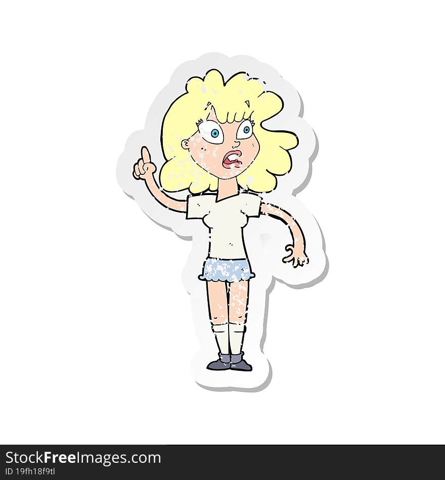 retro distressed sticker of a cartoon woman making point