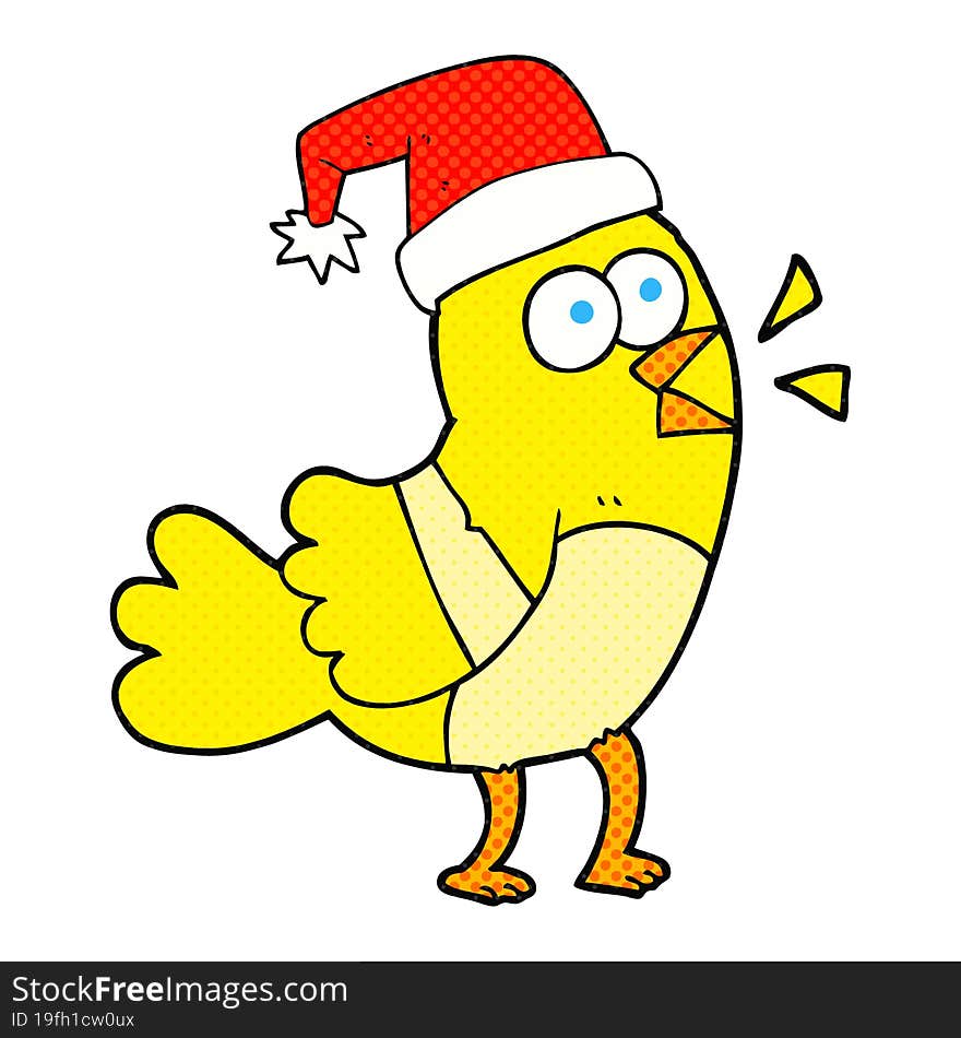 freehand drawn cartoon bird wearing christmas hat