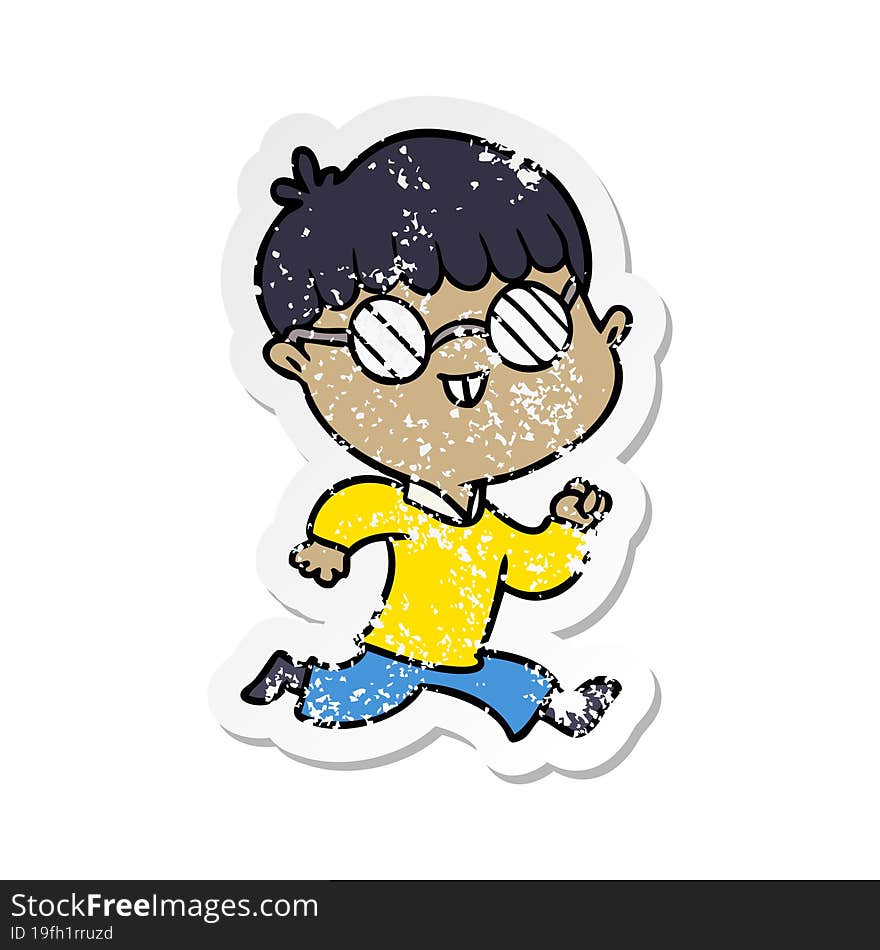 distressed sticker of a cartoon boy wearing spectacles