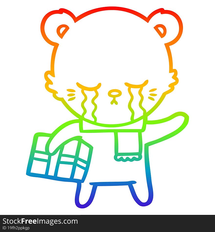 Rainbow Gradient Line Drawing Crying Cartoon Bear With Present