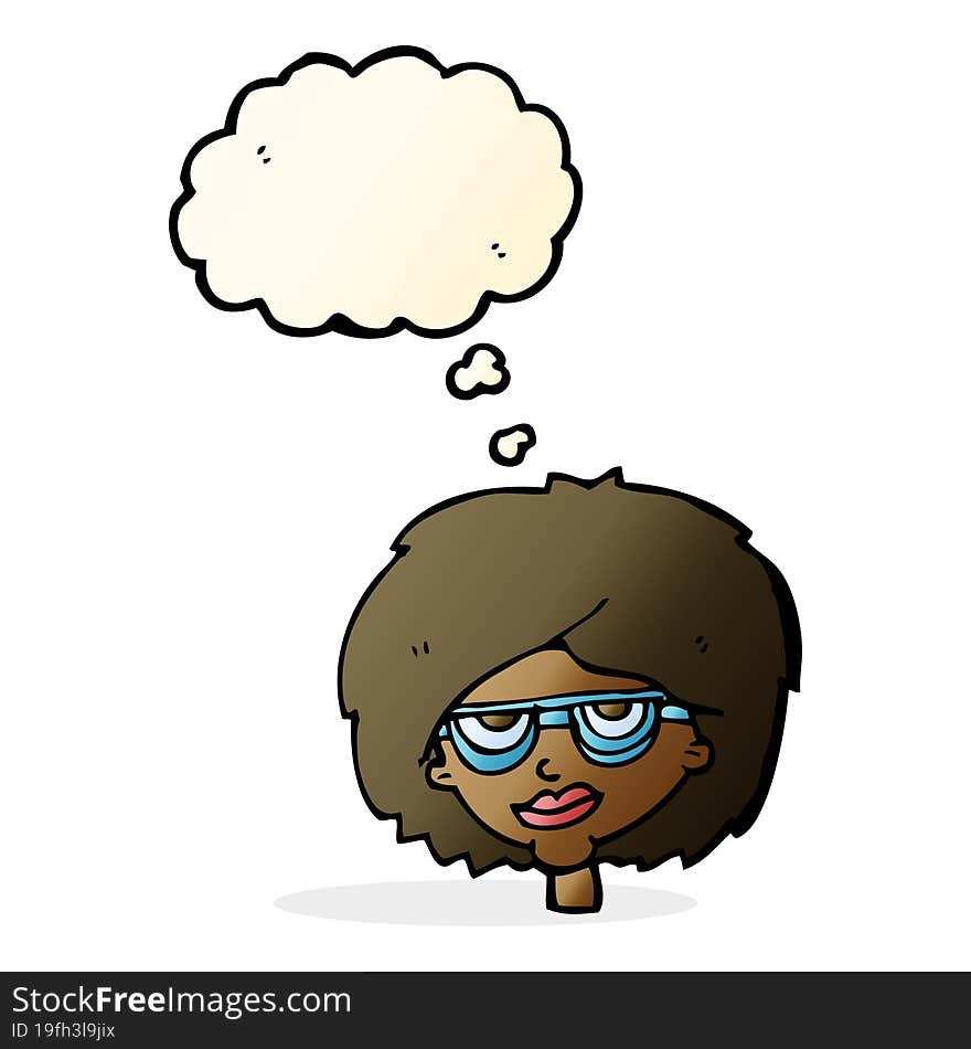 cartoon woman wearing spectacles with thought bubble