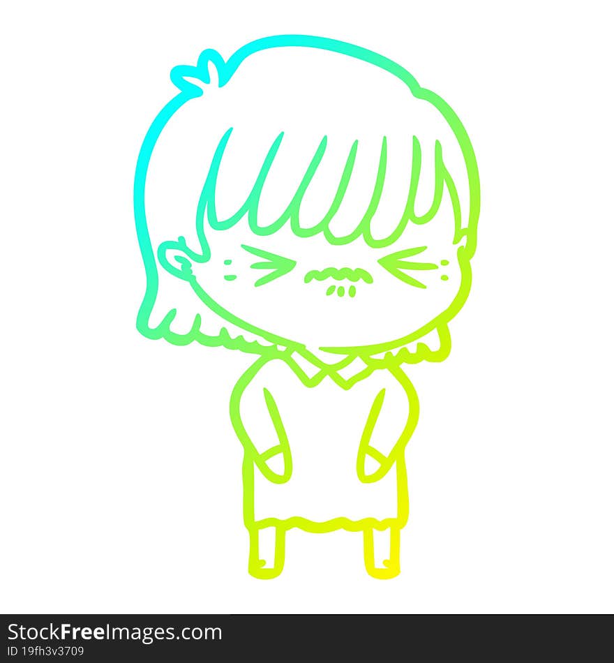 Cold Gradient Line Drawing Annoyed Cartoon Girl