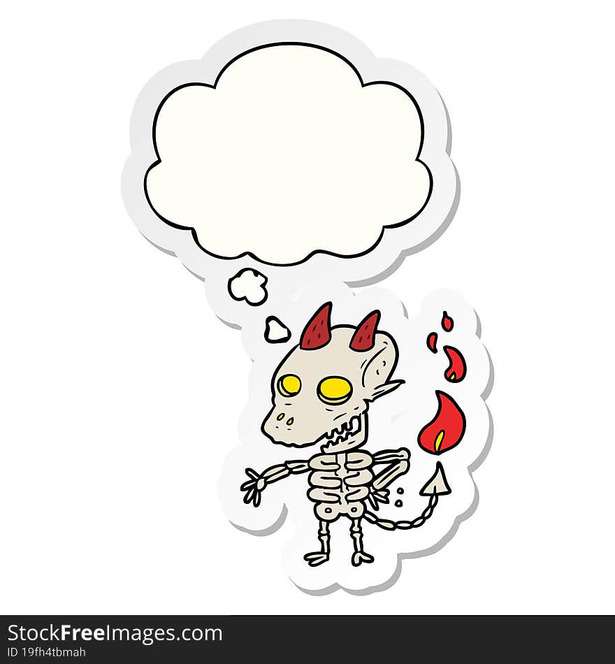 cartoon spooky demon and thought bubble as a printed sticker