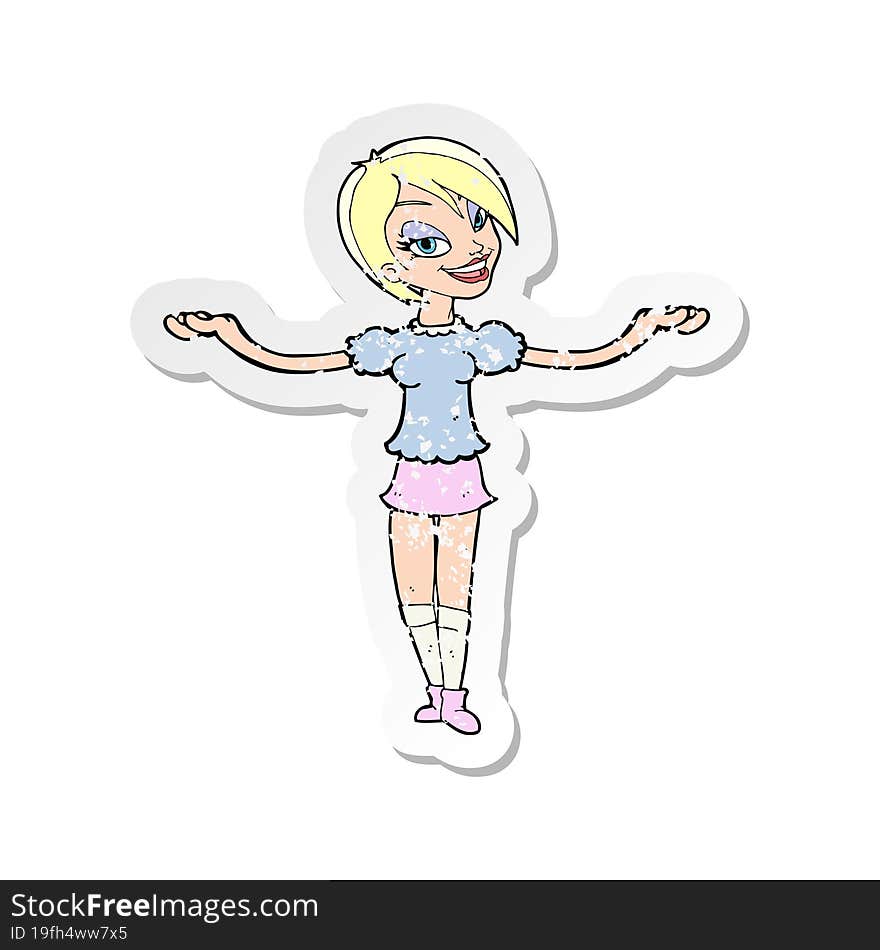 retro distressed sticker of a cartoon woman making open arm gesture