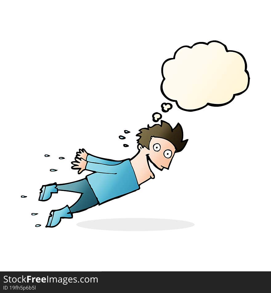 cartoon drenched man flying with thought bubble