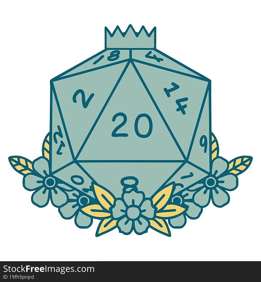 natural 20 D20 dice roll with floral elements illustration