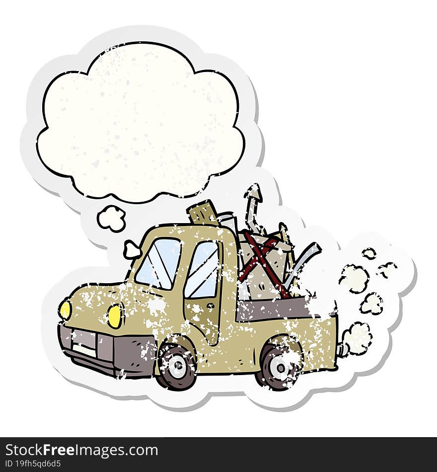 cartoon old truck with thought bubble as a distressed worn sticker