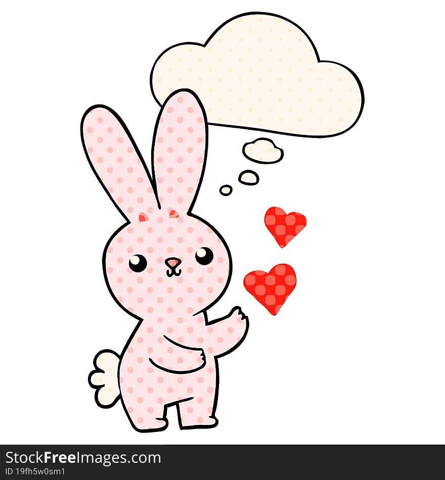 cute cartoon rabbit with love hearts and thought bubble in comic book style