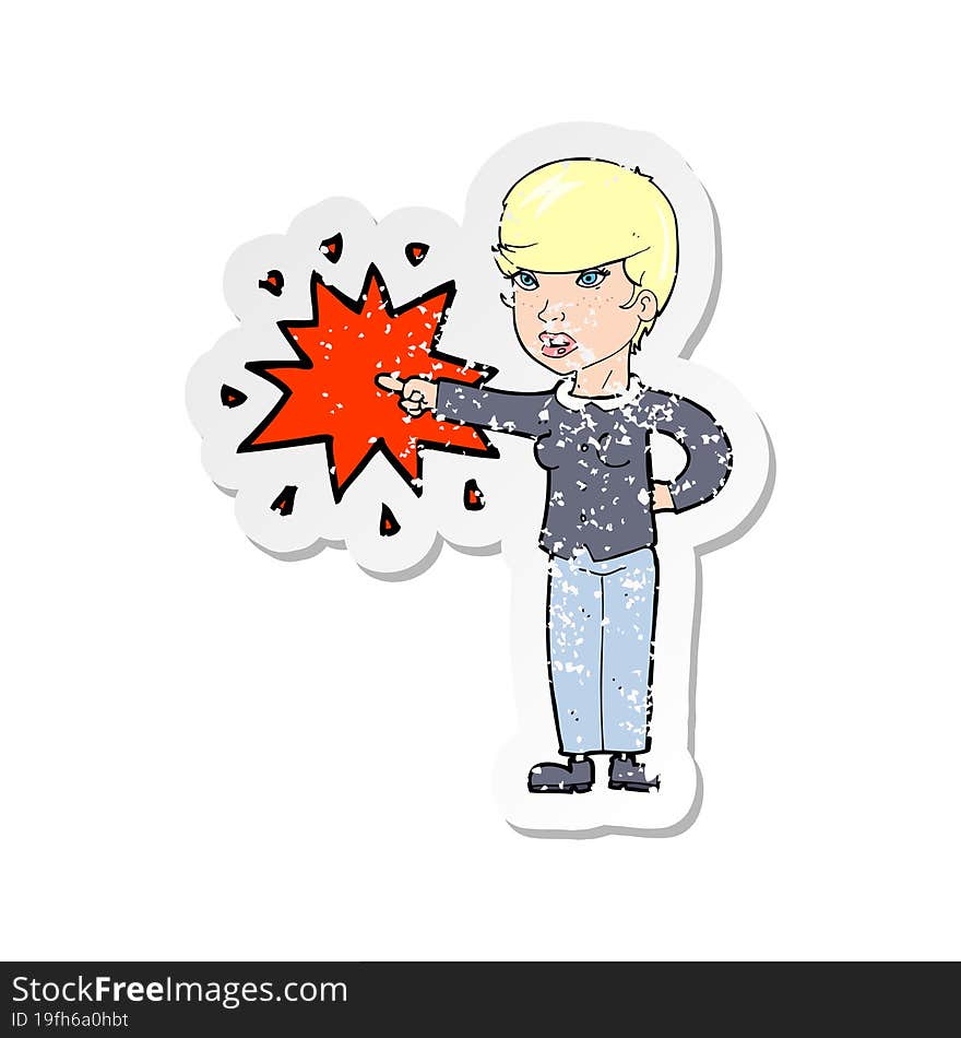 retro distressed sticker of a cartoon woman accusing