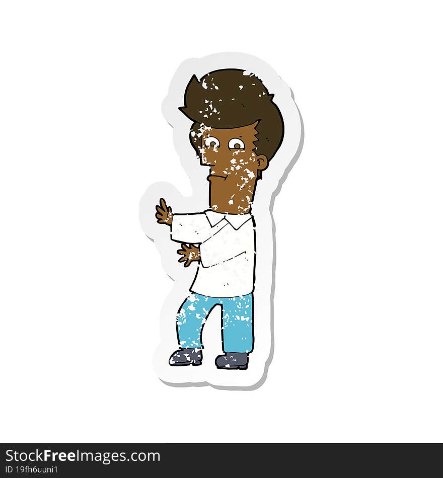 retro distressed sticker of a cartoon man gesturing wildly