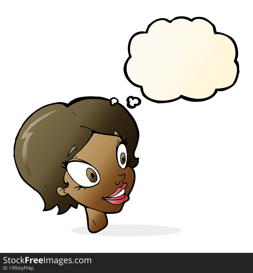 cartoon pretty female face with thought bubble