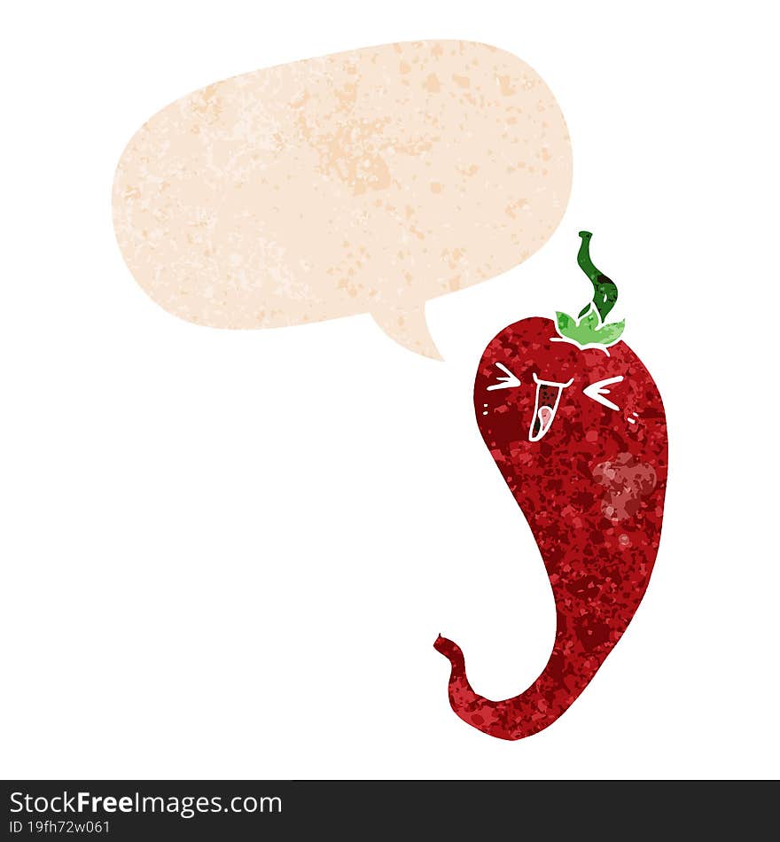 cartoon hot chili pepper and speech bubble in retro textured style