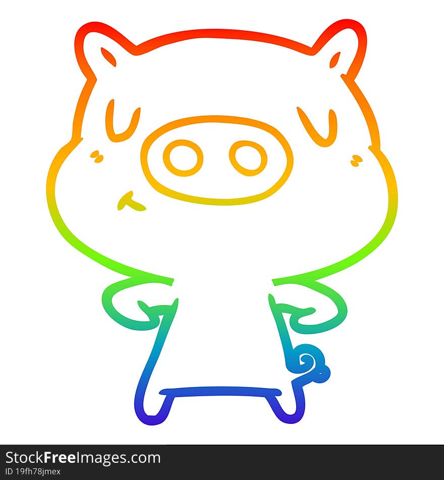 rainbow gradient line drawing of a cartoon content pig