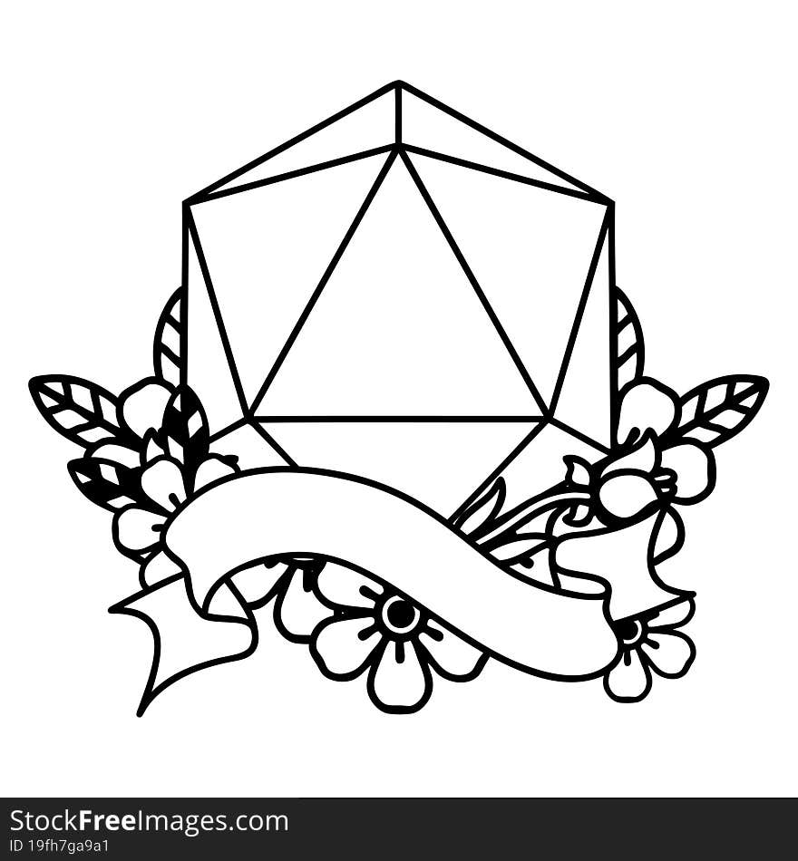 Black and White Tattoo linework Style natural one d20 dice roll. Black and White Tattoo linework Style natural one d20 dice roll