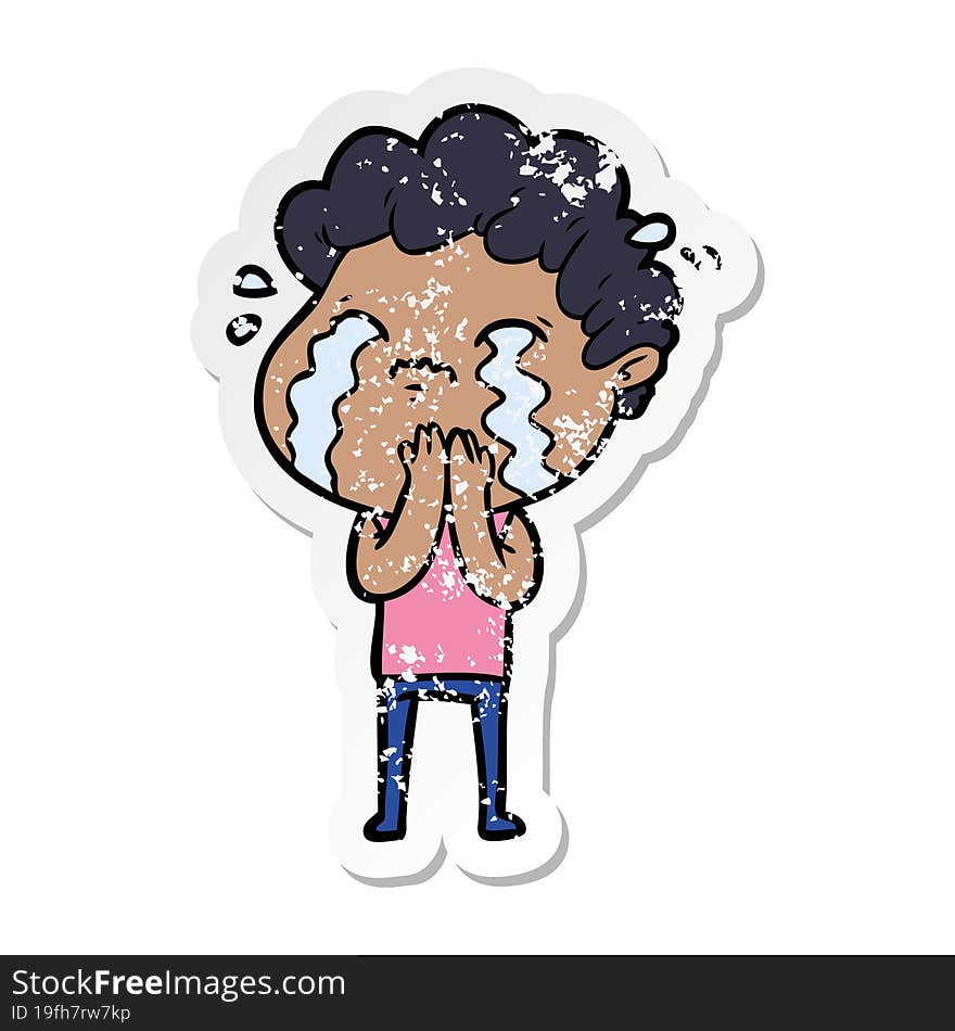 Distressed Sticker Of A Cartoon Man Crying