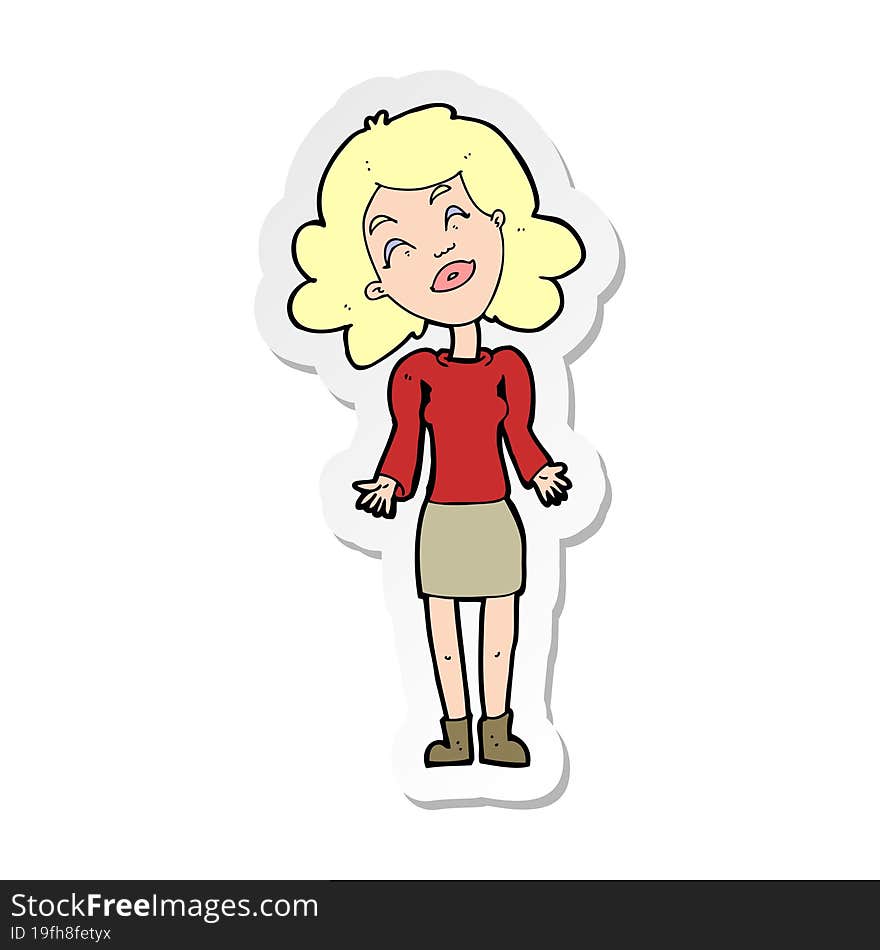 sticker of a cartoon woman shrugging shoulders