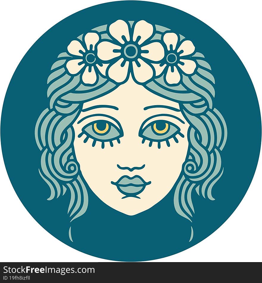 Tattoo Style Icon Of Female Face With Crown Of Flowers