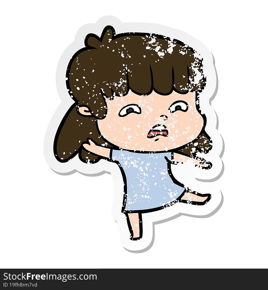 distressed sticker of a cartoon worried woman