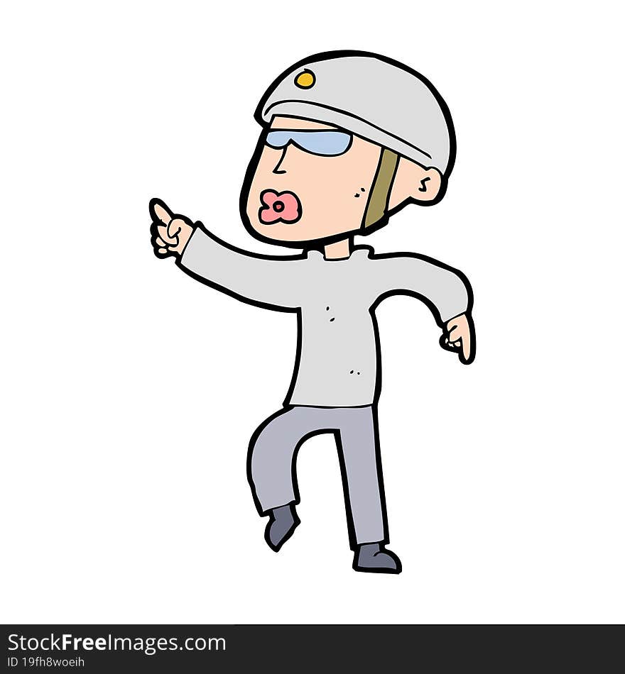 cartoon man in bike helmet pointing