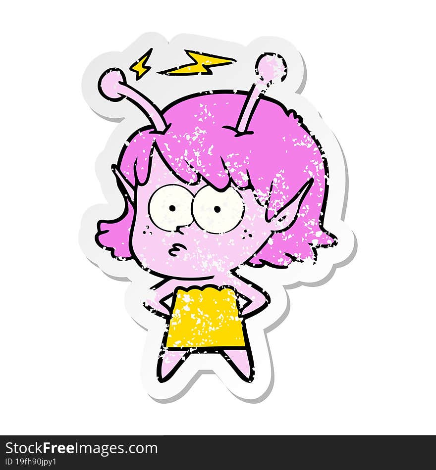 distressed sticker of a cartoon alien girl