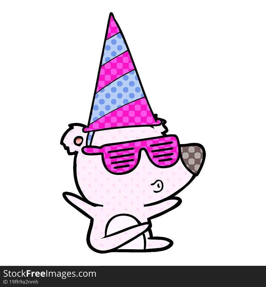 cartoon whistling bear wearing party hat. cartoon whistling bear wearing party hat