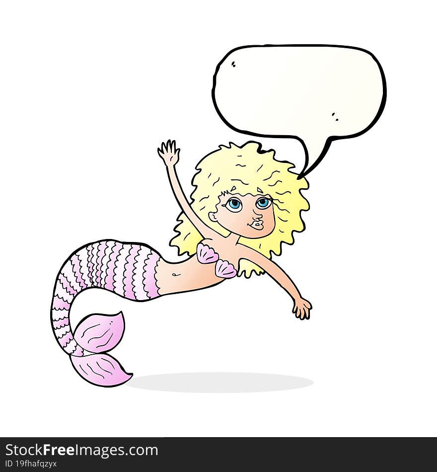 Cartoon Pretty Mermaid Waving With Speech Bubble