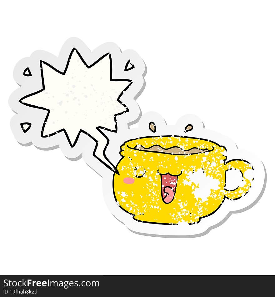 Cute Cartoon Coffee Cup And Speech Bubble Distressed Sticker